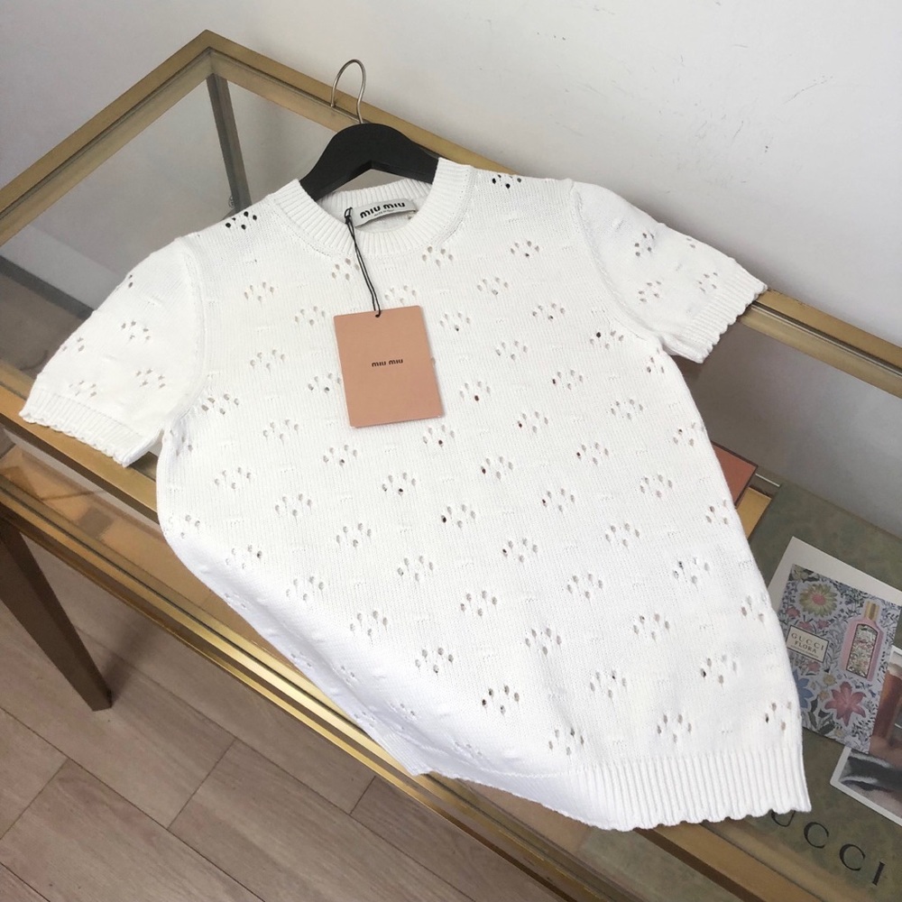 Miu Miu White Eyelet Short Sleeve Knit Top
